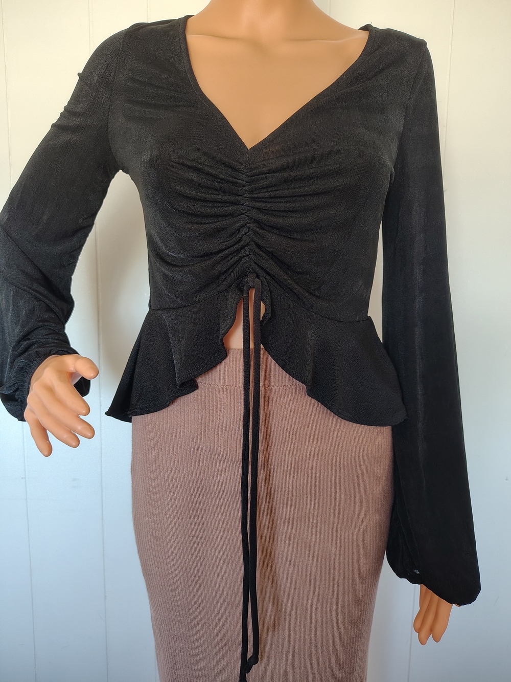 Black Ruched Drawstring Peplum Top - Women's
